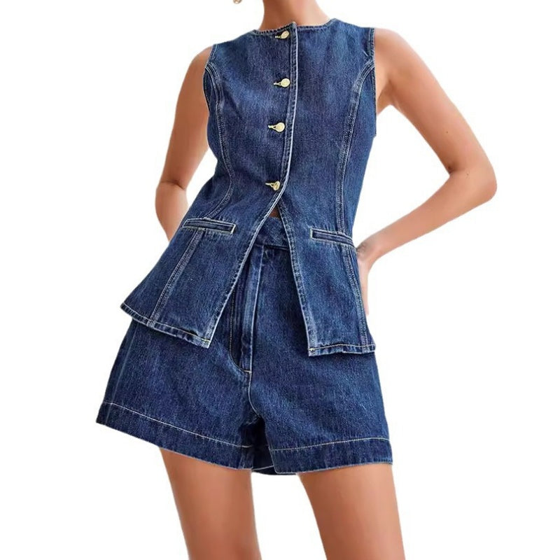 đHEISSER VERKAUF â Einzeln erhĂ€ltlichđ LĂ€ssiges zweiteiliges Denim-Set fĂŒr Damen: Ărmelloses Top & Shorts