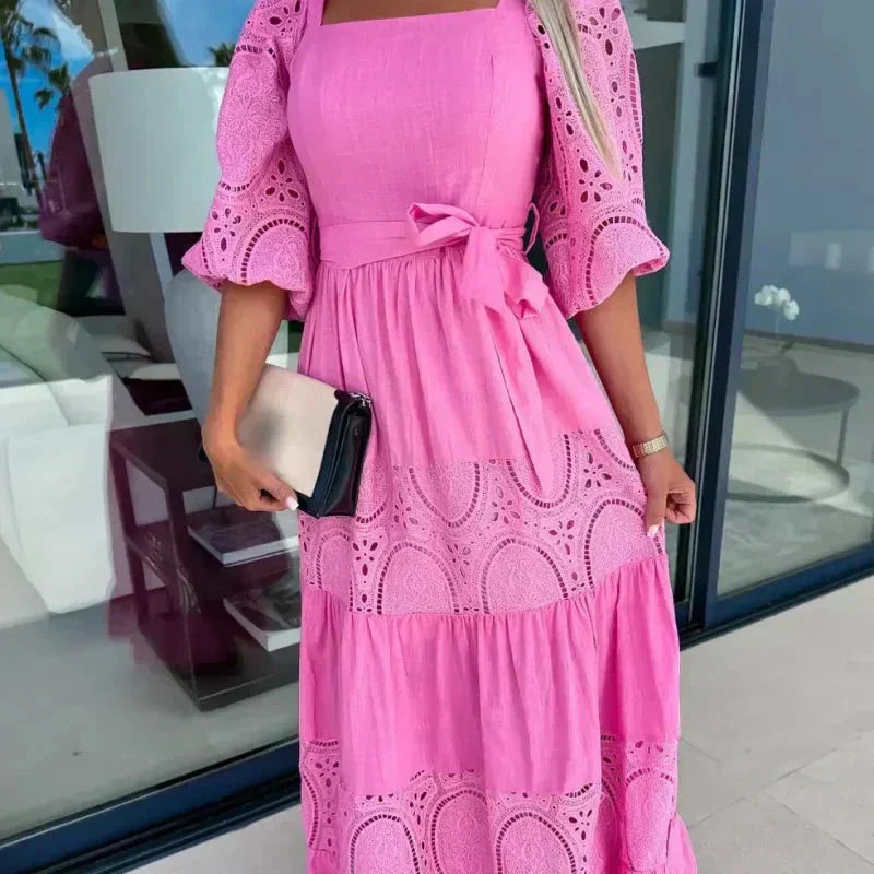 Trendiges, langes Patchwork-Kleid mit Taillengürtel und quadratischem Ausschnitt für Damen