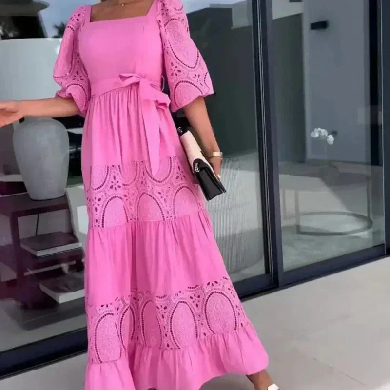 Trendiges, langes Patchwork-Kleid mit Taillengürtel und quadratischem Ausschnitt für Damen