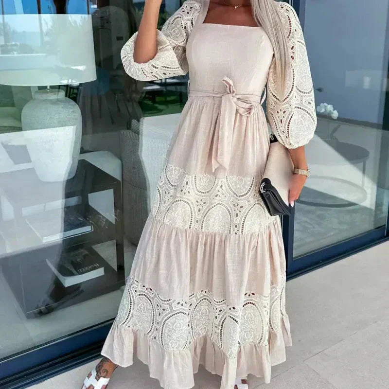 Trendiges, langes Patchwork-Kleid mit Taillengürtel und quadratischem Ausschnitt für Damen