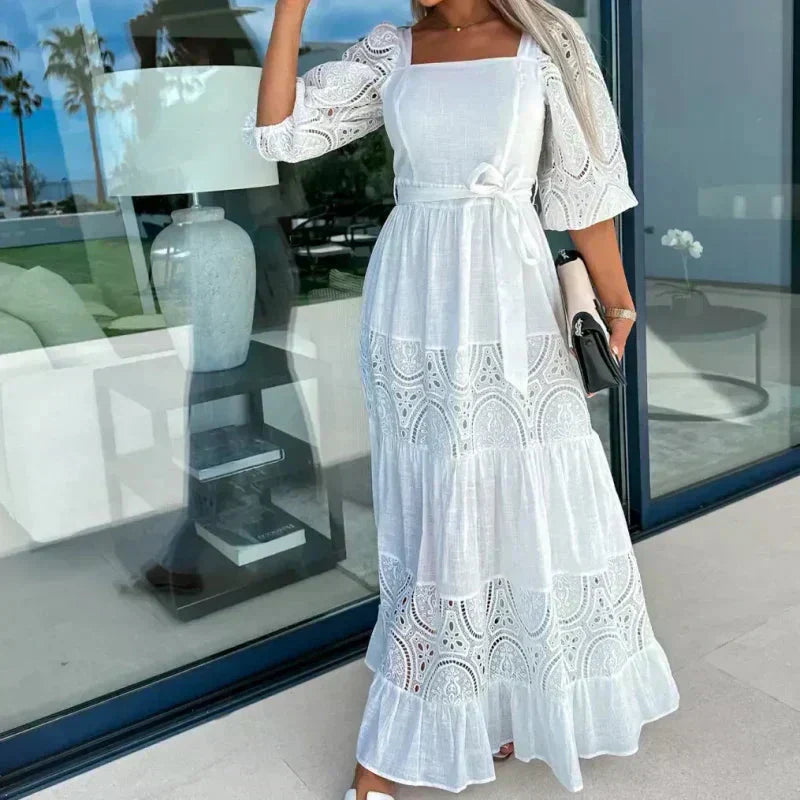 Trendiges, langes Patchwork-Kleid mit Taillengürtel und quadratischem Ausschnitt für Damen