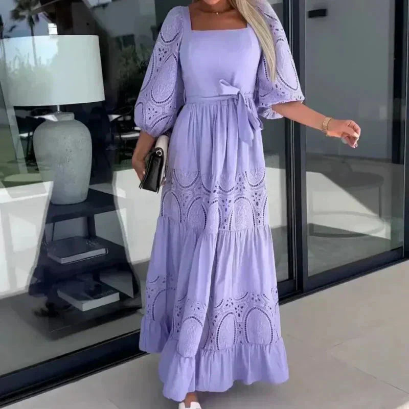 Trendiges, langes Patchwork-Kleid mit Taillengürtel und quadratischem Ausschnitt für Damen