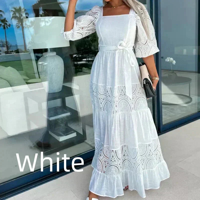 Trendiges, langes Patchwork-Kleid mit Taillengürtel und quadratischem Ausschnitt für Damen
