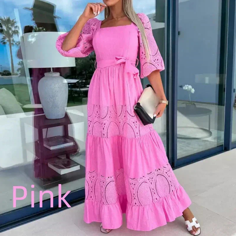 Trendiges, langes Patchwork-Kleid mit Taillengürtel und quadratischem Ausschnitt für Damen