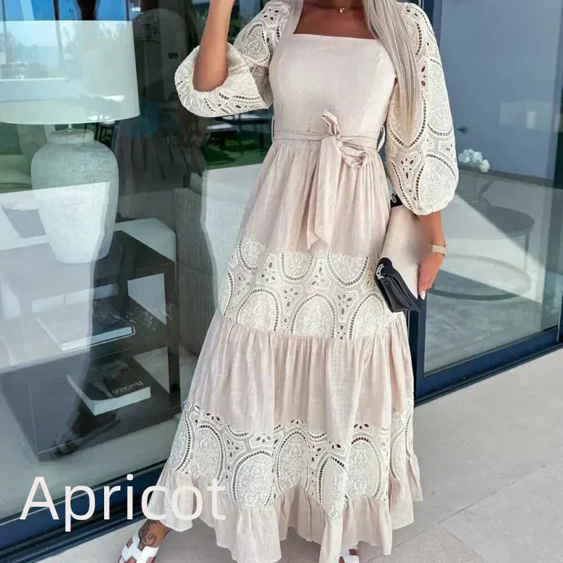 Trendiges, langes Patchwork-Kleid mit Taillengürtel und quadratischem Ausschnitt für Damen