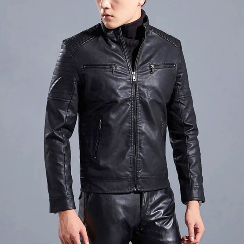 Biker-Lederjacke mit Stehkragen für Herren(Kostenloser Versand)