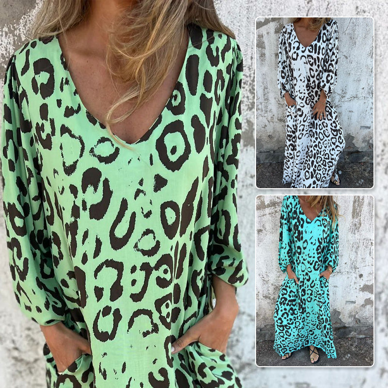 V-Ausschnitt fließendes Kleid mit Print und Taschen