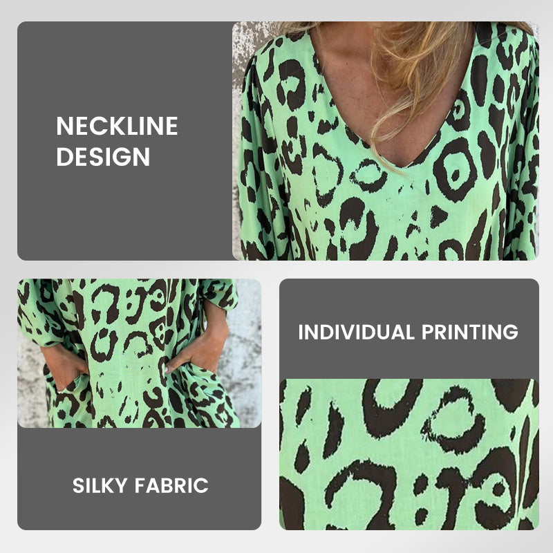 V-Ausschnitt fließendes Kleid mit Print und Taschen