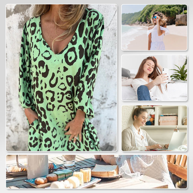 V-Ausschnitt fließendes Kleid mit Print und Taschen