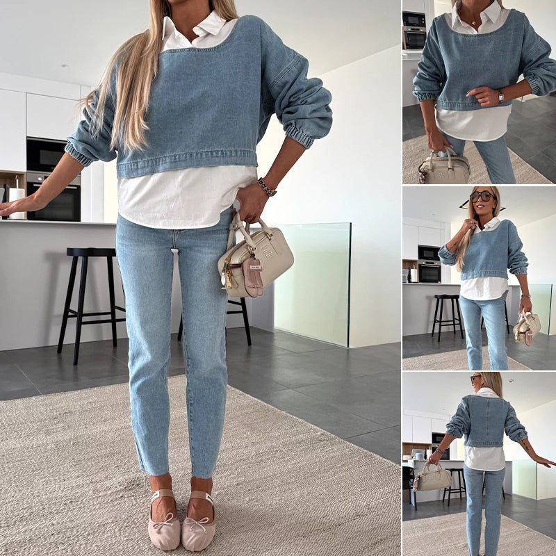 đ„Modisches, zweiteiliges Set aus langĂ€rmligem Jeansoberteil und Hose fĂŒr Damen
