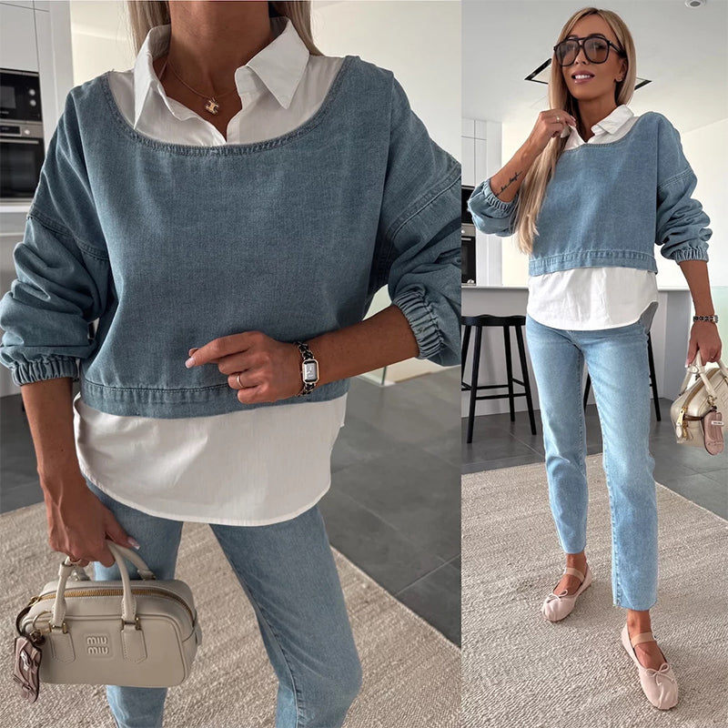 đ„Modisches, zweiteiliges Set aus langĂ€rmligem Jeansoberteil und Hose fĂŒr Damen