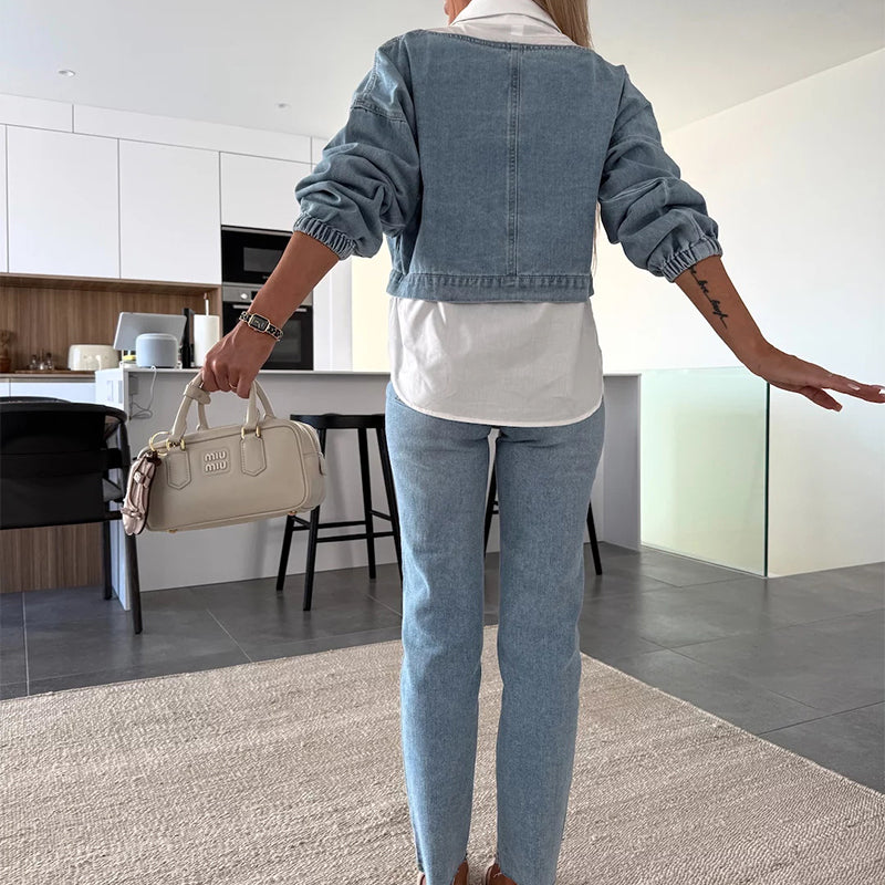 đ„Modisches, zweiteiliges Set aus langĂ€rmligem Jeansoberteil und Hose fĂŒr Damen