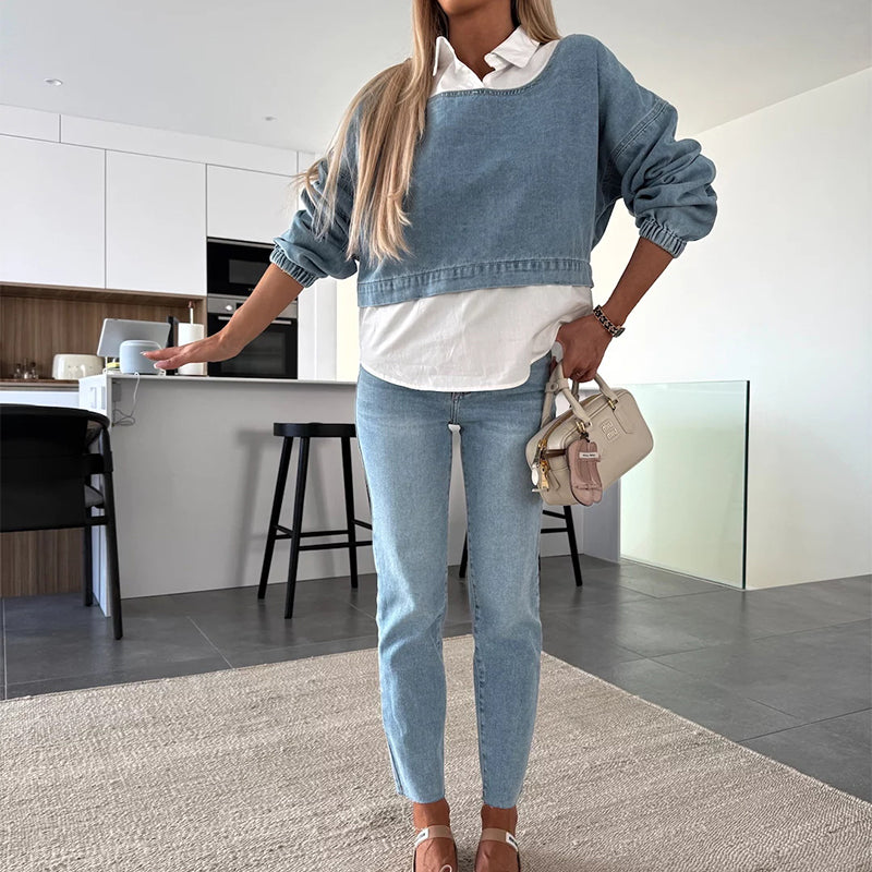 đ„Modisches, zweiteiliges Set aus langĂ€rmligem Jeansoberteil und Hose fĂŒr Damen