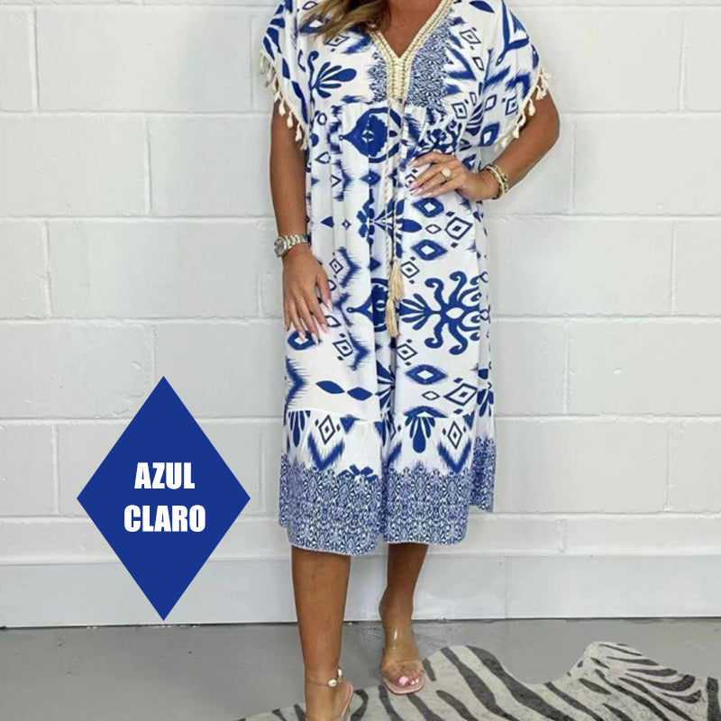 🏆Letzter Tag 49 % RABATT✨Lose bedrucktes Kleid mit kurzen Ärmeln und Fransen im Boho-Stil