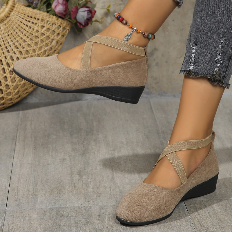 Elegante feste Farbe elastische Riemen niedrige Keilschuhe