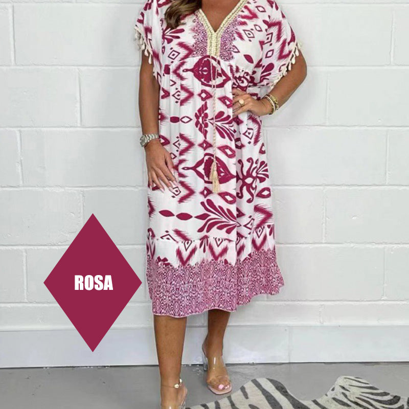 🏆Letzter Tag 49 % RABATT✨Lose bedrucktes Kleid mit kurzen Ärmeln und Fransen im Boho-Stil
