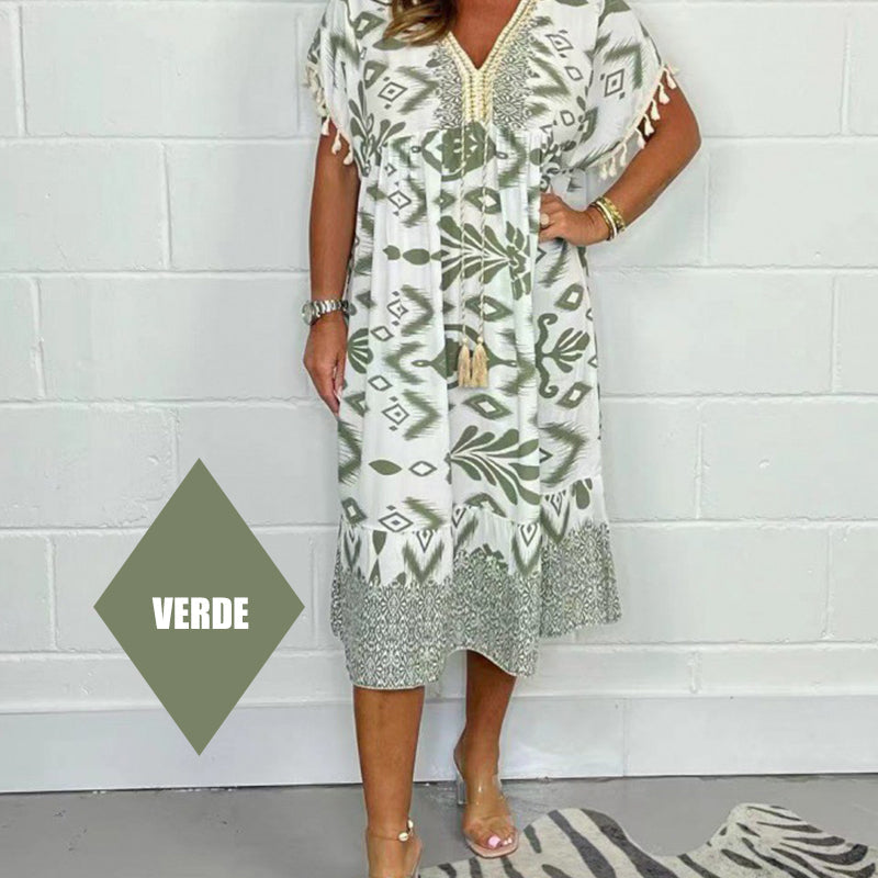 🏆Letzter Tag 49 % RABATT✨Lose bedrucktes Kleid mit kurzen Ärmeln und Fransen im Boho-Stil