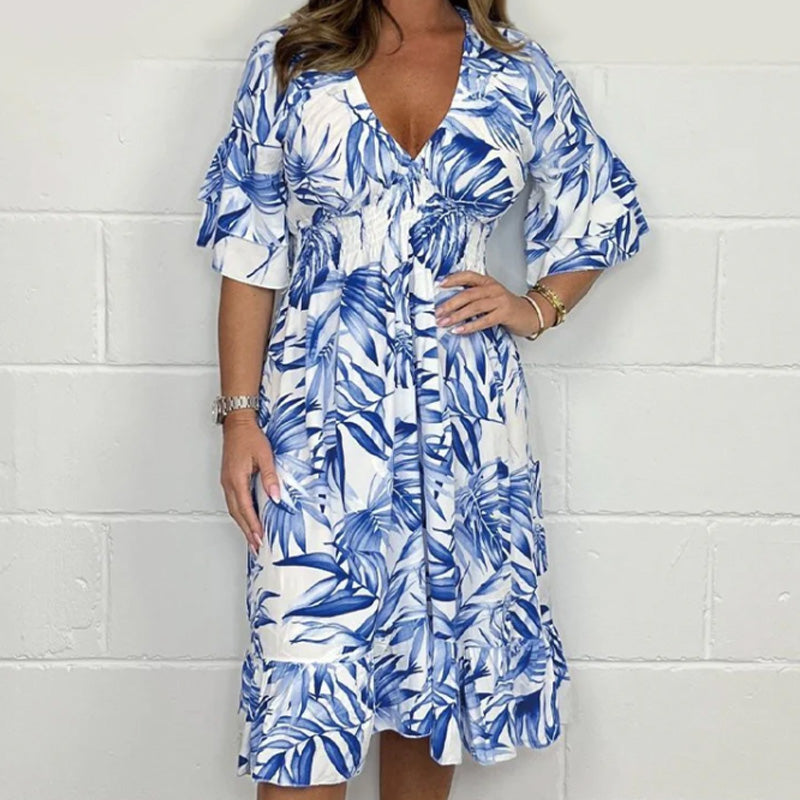Elegante Kleider mit V-Ausschnitt und botanischen Motiven für Damen