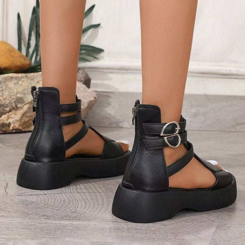 Orthopädische Damensandalen mit Plateau und Keilabsatz aus weichem Leder