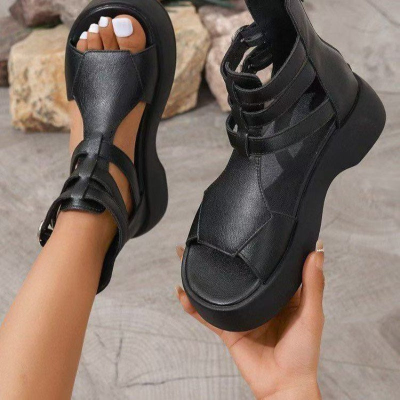 Orthopädische Damensandalen mit Plateau und Keilabsatz aus weichem Leder