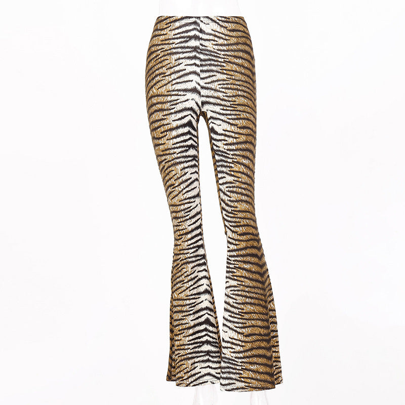 Damenhose mit hoher Taille, Leoparden- und Tigerprint und Schlagbeinen