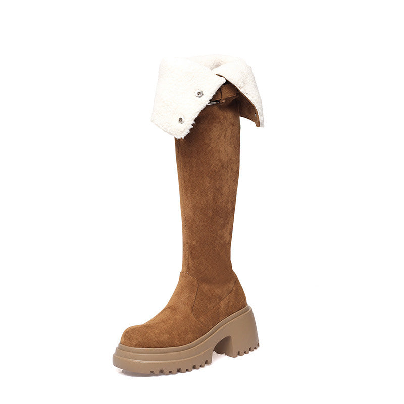 Damen Overknee-Stiefel mit Umschlag und Plüschfutter