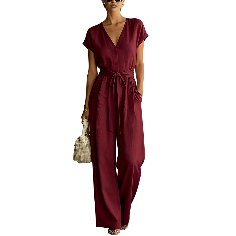 🎯 Nur heute: 50% + versandkostenfrei! Damen V-Ausschnitt Weitbein-Jumpsuit mit Taillenschleife