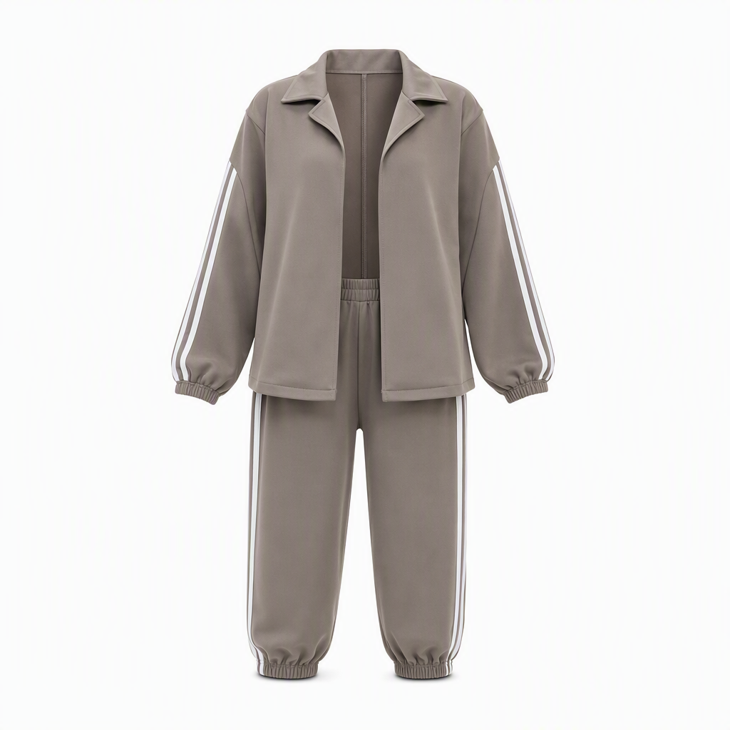 Zweiteiliges lässiges Lounge-Set für Damen mit oversizedem Hemd mit Knopfleiste und Jogginghose mit Seitenstreifen