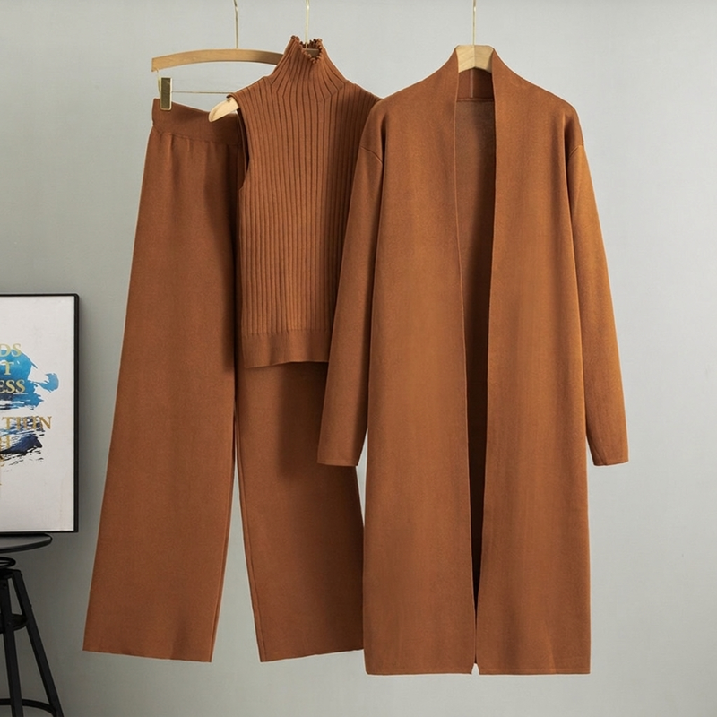 Lockeres 3-teiliges Strickset für Damen für Herbst und Winter: Weste ohne Ärmel, Strickjacke und Hosen-Outfit