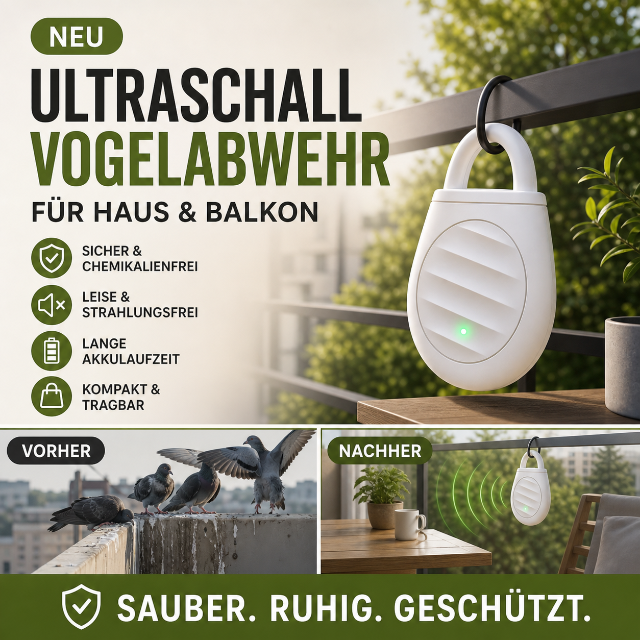 🐦 Nie wieder Ärger mit Vögeln, wilden Tieren und Heuschrecken! Tragbarer Ultraschall-Vogelabwehr-Schlüsselanhänger