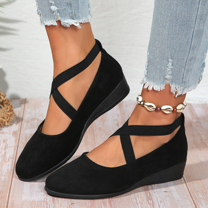 💃🔥Letzter Tag Promotion 50% Rabatt🔥Elegante feste Farbe elastische Riemen niedrige Keilschuhe
