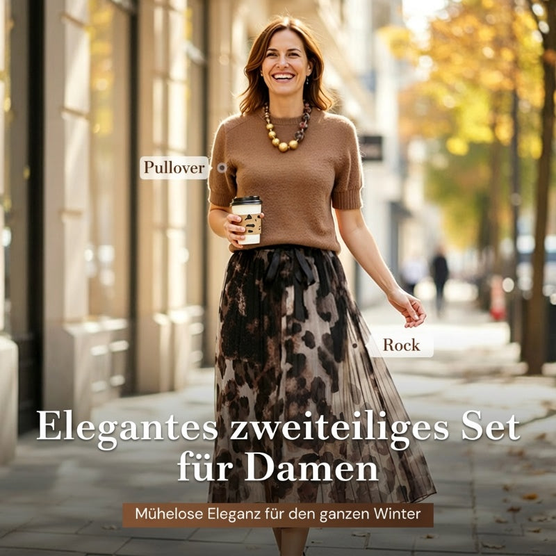 Zweiteiliges Set für Damen bestehend aus Pullover und fließendem Rock mit Leopardenmuster