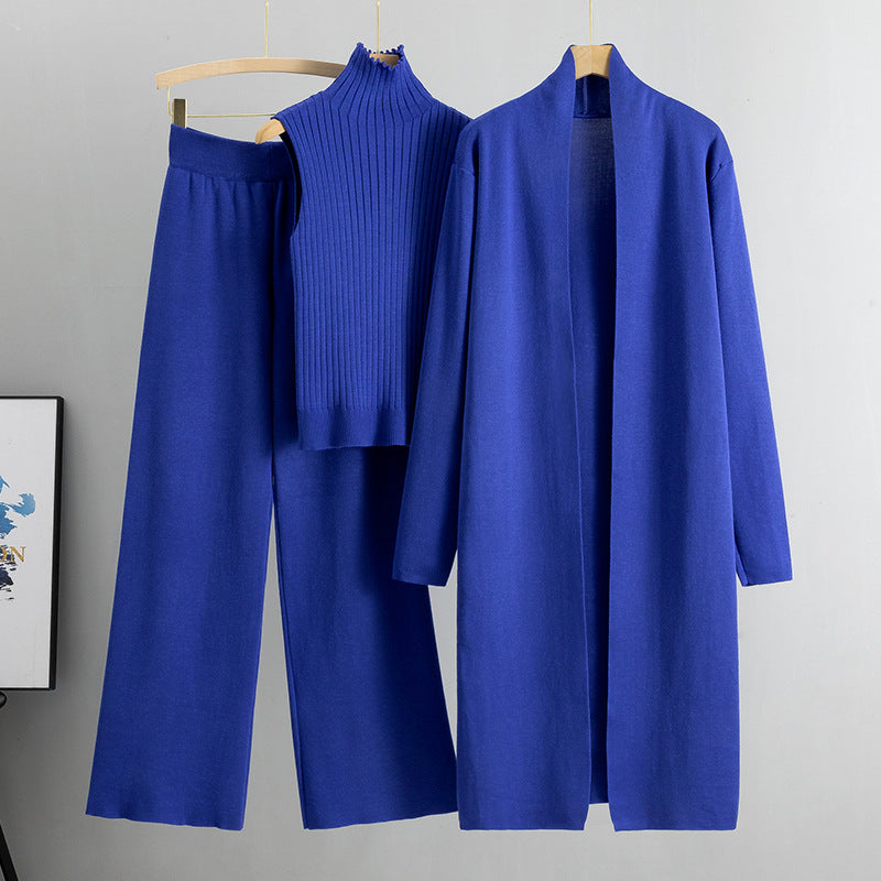 Lockeres 3-teiliges Strickset für Damen für Herbst und Winter: Weste ohne Ärmel, Strickjacke und Hosen-Outfit
