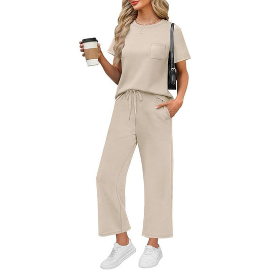 🌸Sommer-Aktion: 50 % Rabatt💖 Lässiges Loungewear-Set mit kurzen Ärmeln, weitem Bein und Cropped-Hose