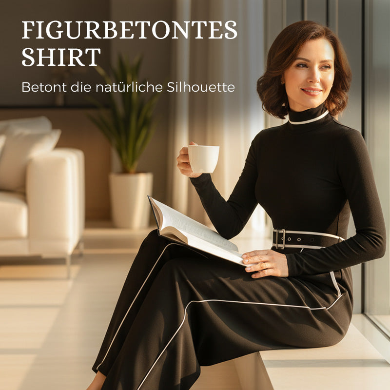 Damen Zweiteiler: Langarmshirt mit Stehkragen & Hosen mit weitem Bein