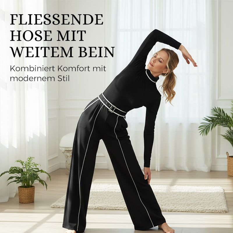 Damen Zweiteiler: Langarmshirt mit Stehkragen & Hosen mit weitem Bein