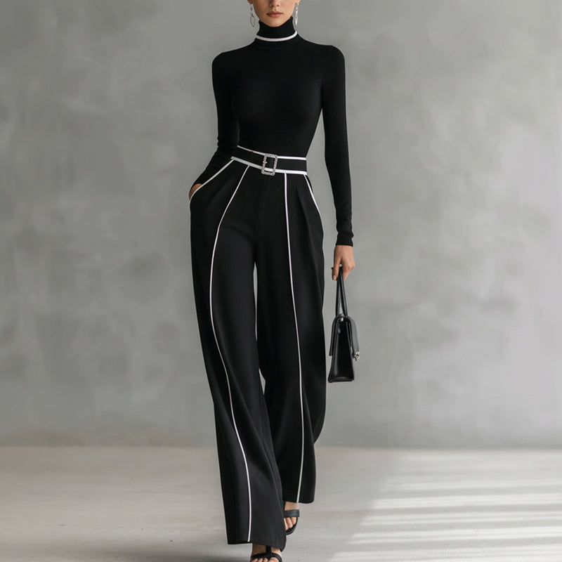 Damen Zweiteiler: Langarmshirt mit Stehkragen & Hosen mit weitem Bein