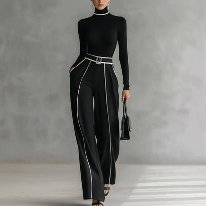 Damen Zweiteiler: Langarmshirt mit Stehkragen & Hosen mit weitem Bein