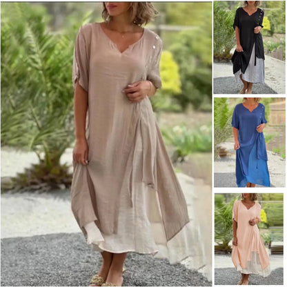 💕Kurzärmeliges Falsches Zweiteiler-Kleid Asymmetrisch
