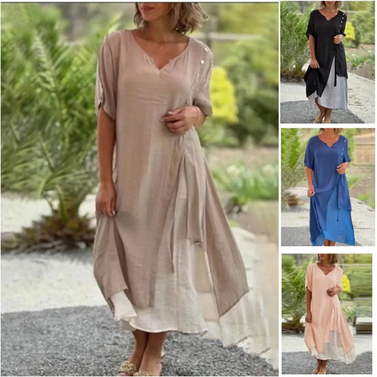 💕Kurzärmeliges Falsches Zweiteiler-Kleid Asymmetrisch
