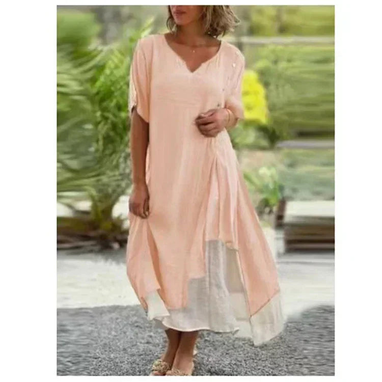 💕Kurzärmeliges Falsches Zweiteiler-Kleid Asymmetrisch