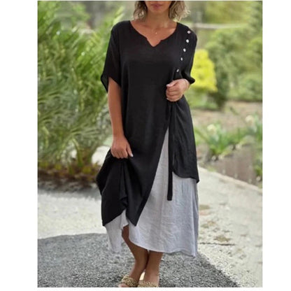 💕Kurzärmeliges Falsches Zweiteiler-Kleid Asymmetrisch