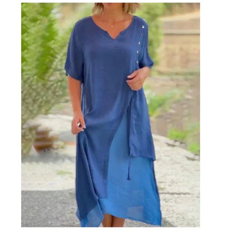 💕Kurzärmeliges Falsches Zweiteiler-Kleid Asymmetrisch