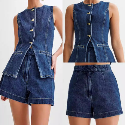 💕HEISSER VERKAUF – Einzeln erhältlich💕 Lässiges zweiteiliges Denim-Set für Damen: Ärmelloses Top & Shorts