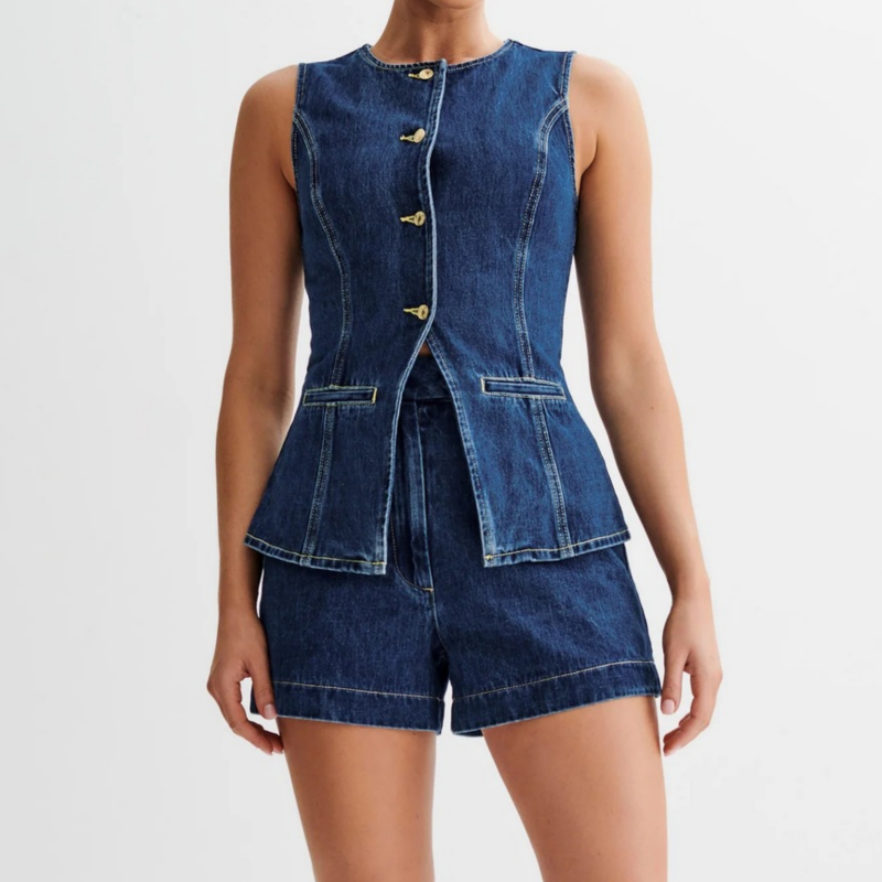 💕HEISSER VERKAUF – Einzeln erhältlich💕 Lässiges zweiteiliges Denim-Set für Damen: Ärmelloses Top & Shorts