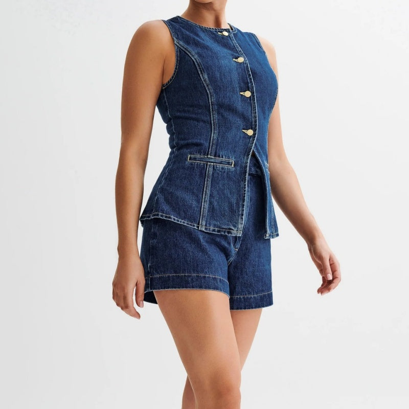 💕HEISSER VERKAUF – Einzeln erhältlich💕 Lässiges zweiteiliges Denim-Set für Damen: Ärmelloses Top & Shorts