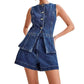 💕HEISSER VERKAUF – Einzeln erhältlich💕 Lässiges zweiteiliges Denim-Set für Damen: Ärmelloses Top & Shorts