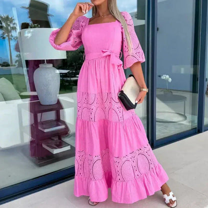 Trendiges, langes Patchwork-Kleid mit Taillengürtel und quadratischem Ausschnitt für Damen