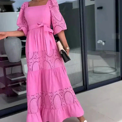 Trendiges, langes Patchwork-Kleid mit Taillengürtel und quadratischem Ausschnitt für Damen