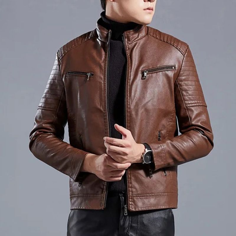 Biker-Lederjacke mit Stehkragen für Herren（Kostenloser Versand）